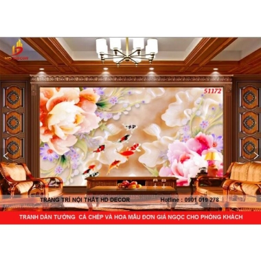 TRANH DÁN TƯỜNG GIẢ NGỌC CÁ CHÉP VÀ HOA MẪU ĐƠN 