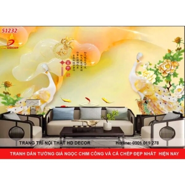 TRANH DÁN TƯỜNG GIẢ NGỌC CHIM CÔNG VÀ CÁ CHÉP ĐẸP NHẤT CHO PHÒNG KHÁCH 