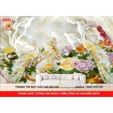 TRANH DÁN TƯỜNG GIẢ NGỌC CHIM CÔNG VÀ HOA MẪU ĐƠN  