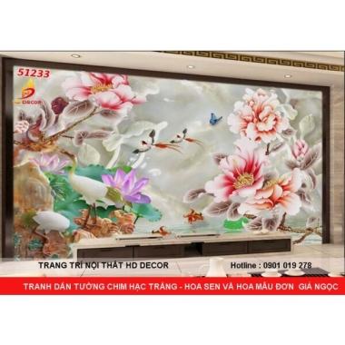 TRANH DÁN TƯỜNG GIẢ NGỌC CHIM HẠC TRẮNG - HOA SEN VÀ HOA MẨU ĐƠN 