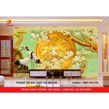 TRANH DÁN TƯỜNG GIẢ NGỌC CHIM HẠC VÀ HOA ĐÀO TRẮNG 