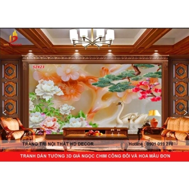 TRANH DÁN TƯỜNG GIẢ NGỌC CHIM HẠC VÀ HOA MẪU ĐƠN 