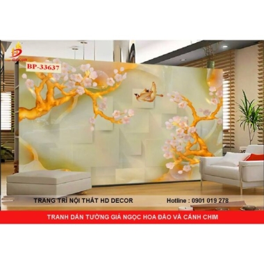 TRANH DÁN TƯỜNG GIẢ NGỌC HOA ĐÀO VÀ CÁNH CHIM 