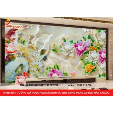 TRANH DÁN TƯỜNG GIẢ NGỌC HOA MẪU ĐƠN VÀ CHIM CÔNG MANG LẠI MAY MẮN TÀI LỘC 