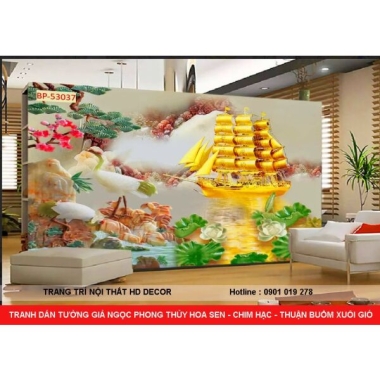 TRANH DÁN TƯỜNG GIẢ NGỌC PHONG THỦY CHIM HẠC - HOA SEN - TRANH THUẬN BUỒM XUÔI GIÓ 