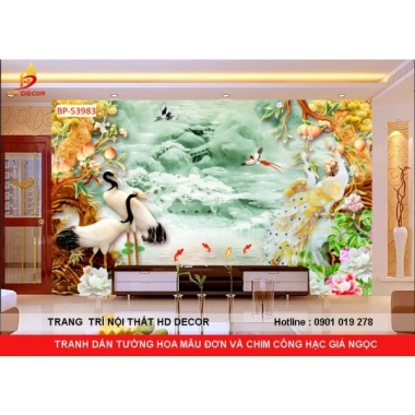 TRANH DÁN TƯỜNG HOA MẪU ĐƠN VÀ CHIM CÔNG HẠC GIẢ NGỌC