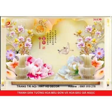 TRANH DÁN TƯỜNG HOA MẪU ĐƠN VÀ HOA ĐÀO GIẢ NGỌC GIÁ RẺ 