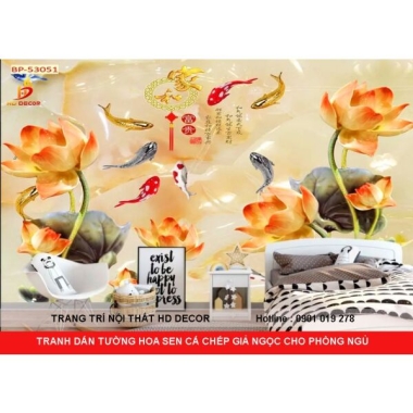 TRANH DÁN TƯỜNG HOA SEN CÁ CHÉP GIẢ NGỌC CHO PHÒNG NGỦ 