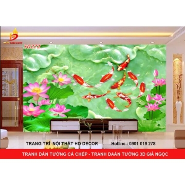 TRANH DÁN TƯỜNG HOA SEN CÁ CHÉP - TRANH DÁN TƯỜNG GIẢ NGỌC GIÁ RẺ 