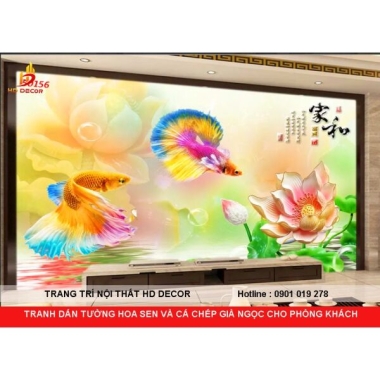 TRANH DÁN TƯỜNG HOA SEN VÀ CÁ CHÉP GIẢ NGỌC CHO PHÒNG KHÁCH 
