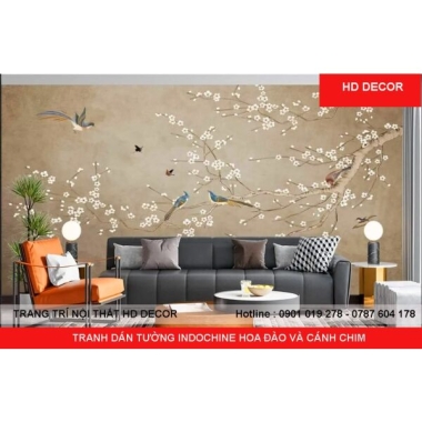 TRANH DÁN TƯỜNG INDOCHINE HOA ĐÀO VÀ CÁNH CHIM 