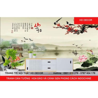 TRANH DÁN TƯỜNG INDOCHINE HOA ĐÀO VÀ CÁNH SEN 
