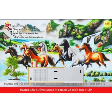 TRANH DÁN TƯỜNG NGỰA PHI 3D-5D VÀ CHỮ THƯ PHÁP 