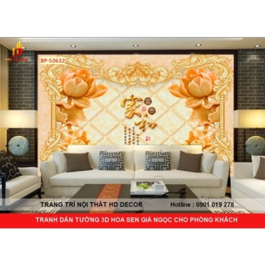 TRANH DÁN TƯỜNG PHÒNG KHÁCH HOA SEN 3D GIẢ NGỌC 