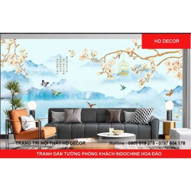 TRANH DÁN TƯỜNG  PHÒNG KHÁCH INDOCHINE HOA ĐÀO 