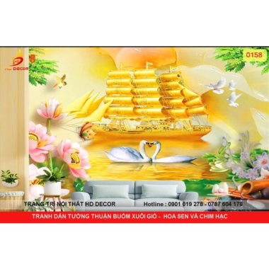 TRANH DÁN TƯỜNG THUẬN BUỒM XUÔI GIÓ HOA SEN VÀ CHIM HẠC 