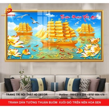 TRANH DÁN TƯỜNG THUẬN BUỒM  XUÔI GIÓ TRÊN NỀN HOA SEN 