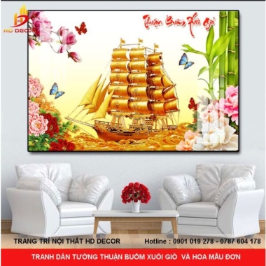 TRANH DÁN TƯỜNG THUẬN BUỒM XUÔI GIÓ  VÀ HOA MẪU ĐƠN