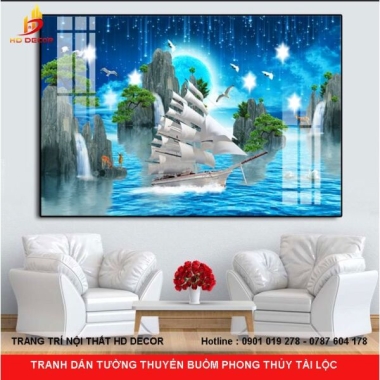 TRANH DÁN TƯỜNG THUYỂN BUỒM PHONG THỦY TÀI LỘC 