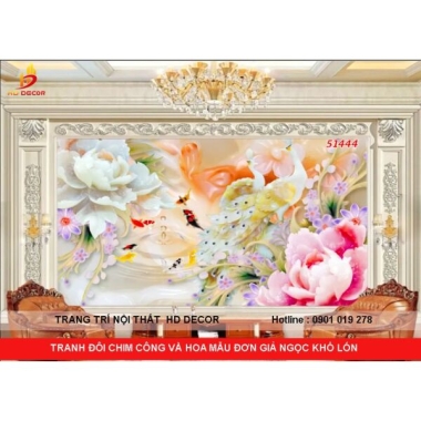 TRANH ĐÔI CHIM CÔNG VÀ HOA MẪU ĐƠN CHO PHÒNG KHÁCH KHỔ LỚN