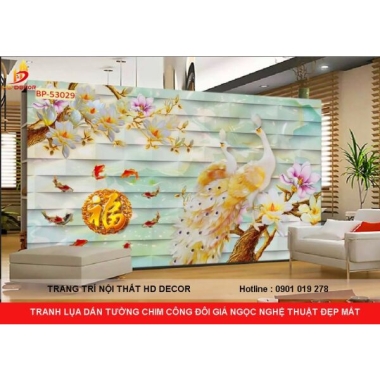 TRANH LỤA DÁN TƯỜNG CHIM CÔNG ĐÔI GIẢ NGỌC NGHỆ THUẬT ĐẸP MẮT 