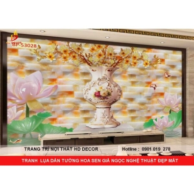 TRANH  LỤA DÁN TƯỜNG HOA SEN GIÀ NGỌC NGHỆ THUẬT ĐẸP MẮT 